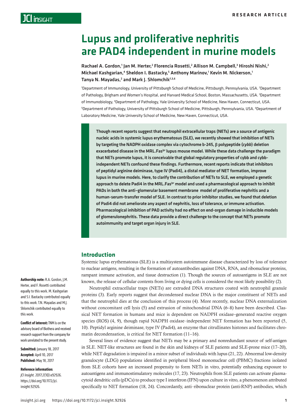 Lupus and Proliferative Nephritis Are PAD4 Independent in Murine Models