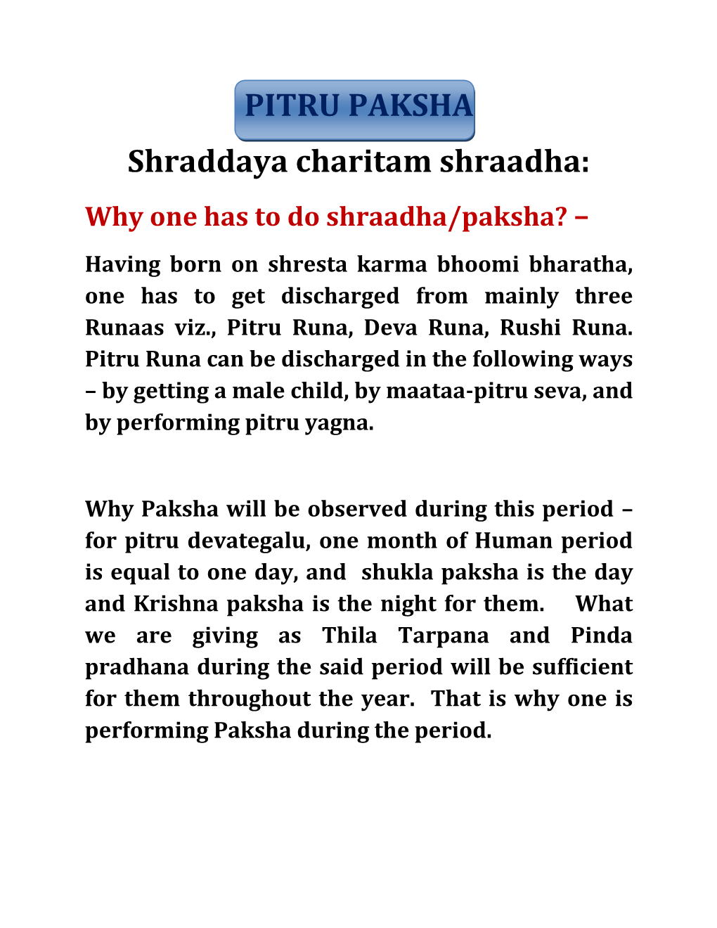 PITRU PAKSHA Shraddaya Charitam Shraadha