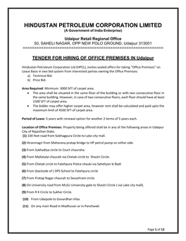 TENDER for HIRING of OFFICE PREMISES in Udaipur