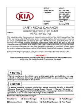 Safety Recall Campaign High Pressure Fuel Pump Outlet Subject: Inspection (Sc172)
