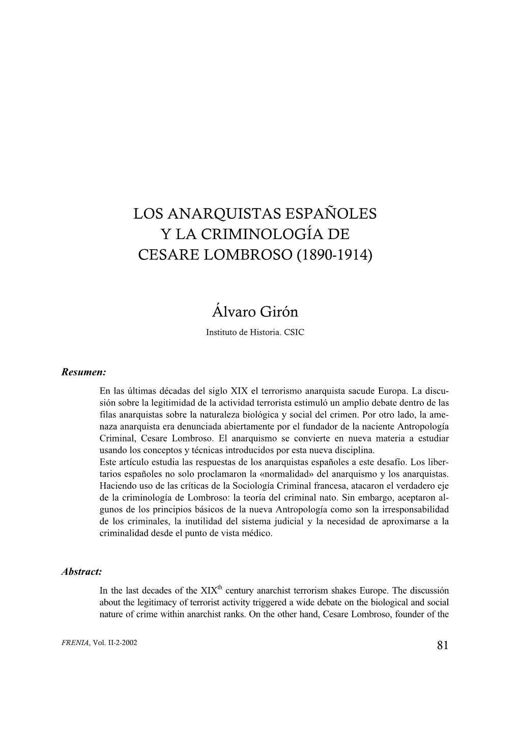 Los Anarquistas Españoles Y La Criminología De Cesare Lombroso (1890-1914)