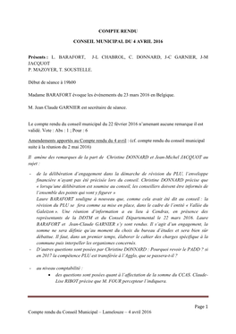 Page 1 Compte Rendu Du Conseil Municipal – Lamelouze – 4 Avril 2016 COMPTE RENDU CONSEIL MUNICIPAL DU 4 AVRIL 2016 Présents