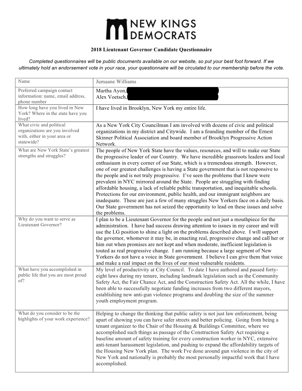 2018 Lieutenant Governor Candidate Questionnaire Jumaane Williams