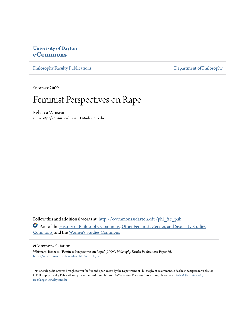 Feminist Perspectives on Rape Rebecca Whisnant University of Dayton, Rwhisnant1@Udayton.Edu