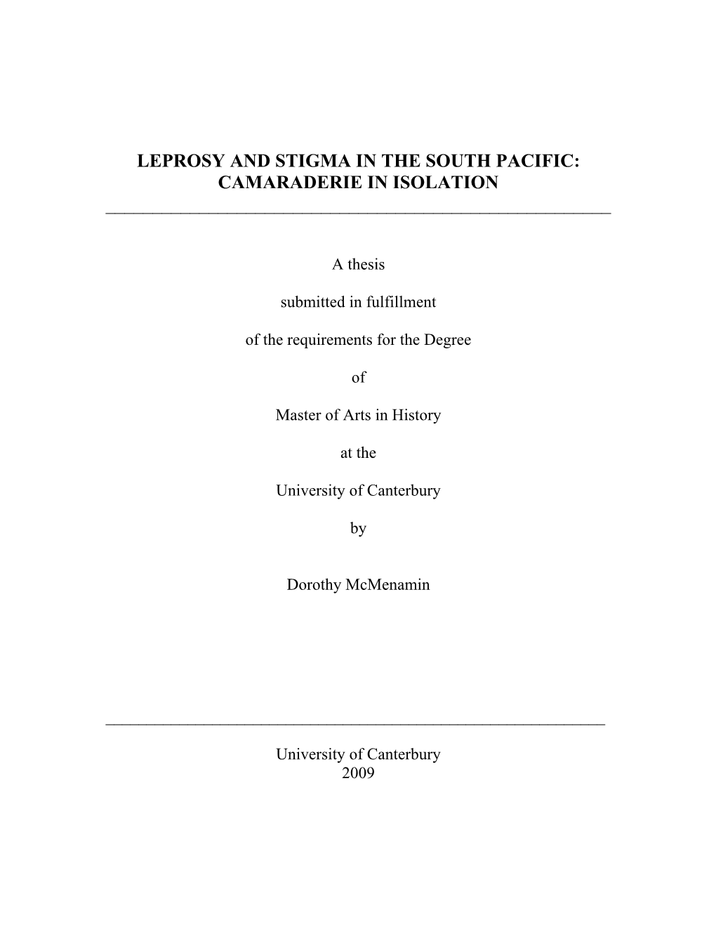 Leprosy and Stigma in the South Pacific: Camaraderie in Isolation ______