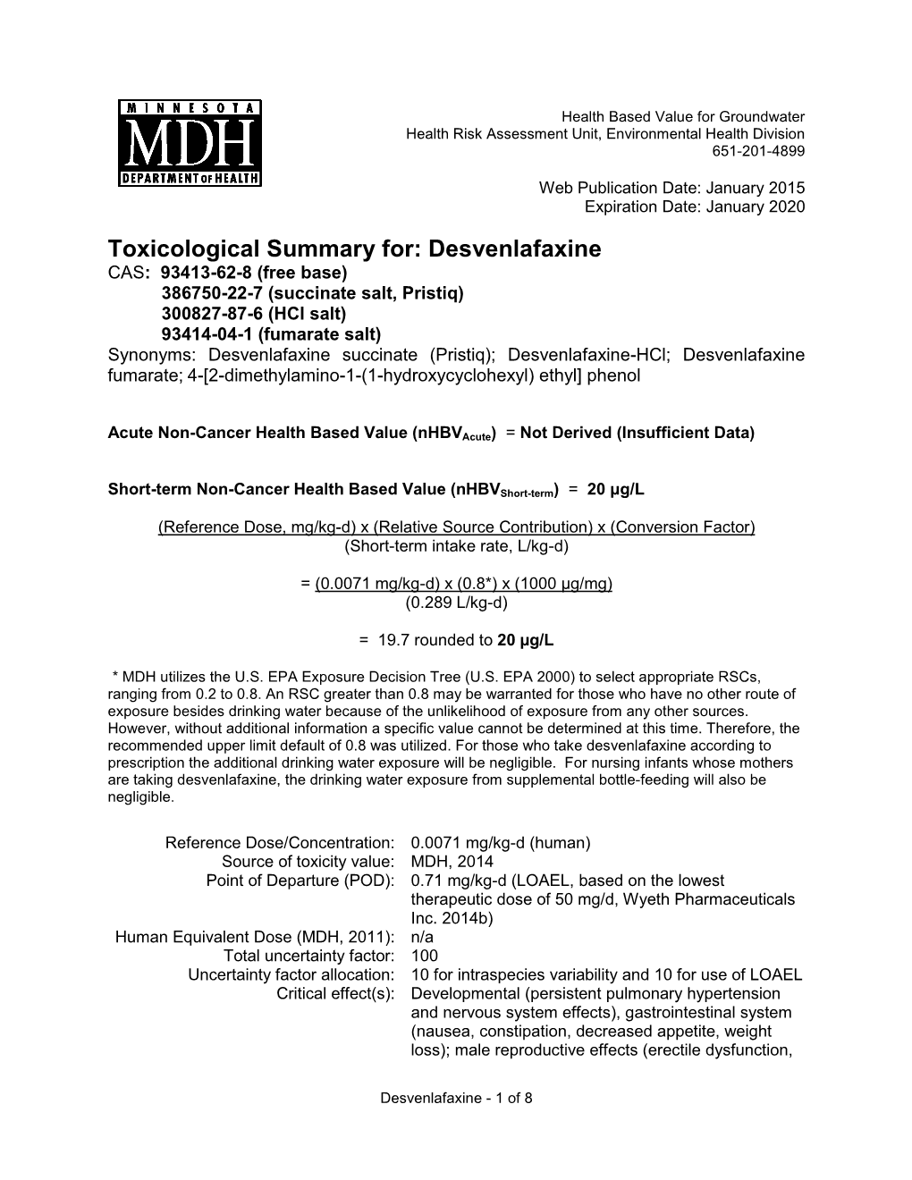 Toxicological Summary for Desvenlafaxine (PDF)