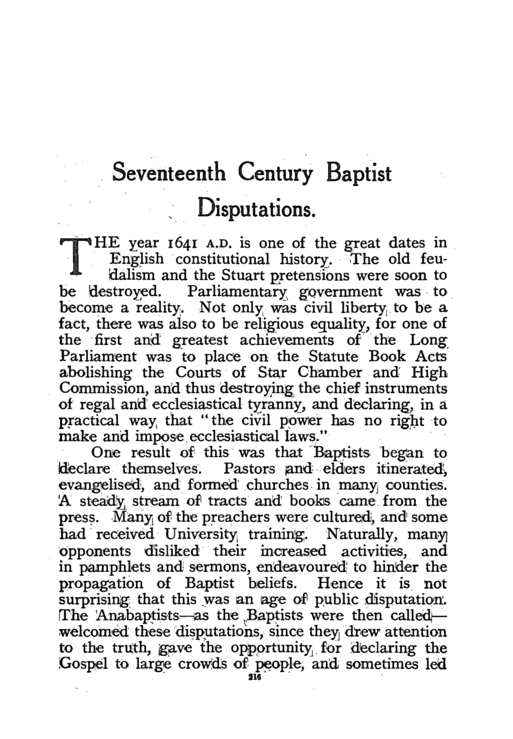 Seventeenth Century Baptist Disputations. - HE Year 164 1 A.D