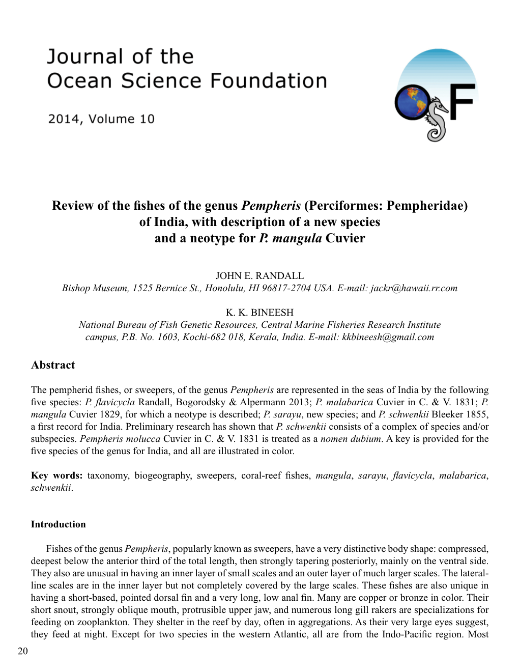 Review of the Fishes of the Genus Pempheris (Perciformes: Pempheridae) of India, with Description of a New Species and a Neotype for P