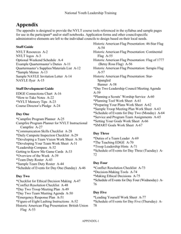 Appendix the Appendix Is Designed to Provide the NYLT Course Tools Referenced in the Syllabus and Sample Pages for Use in the Participant* And/Or Staff Notebooks