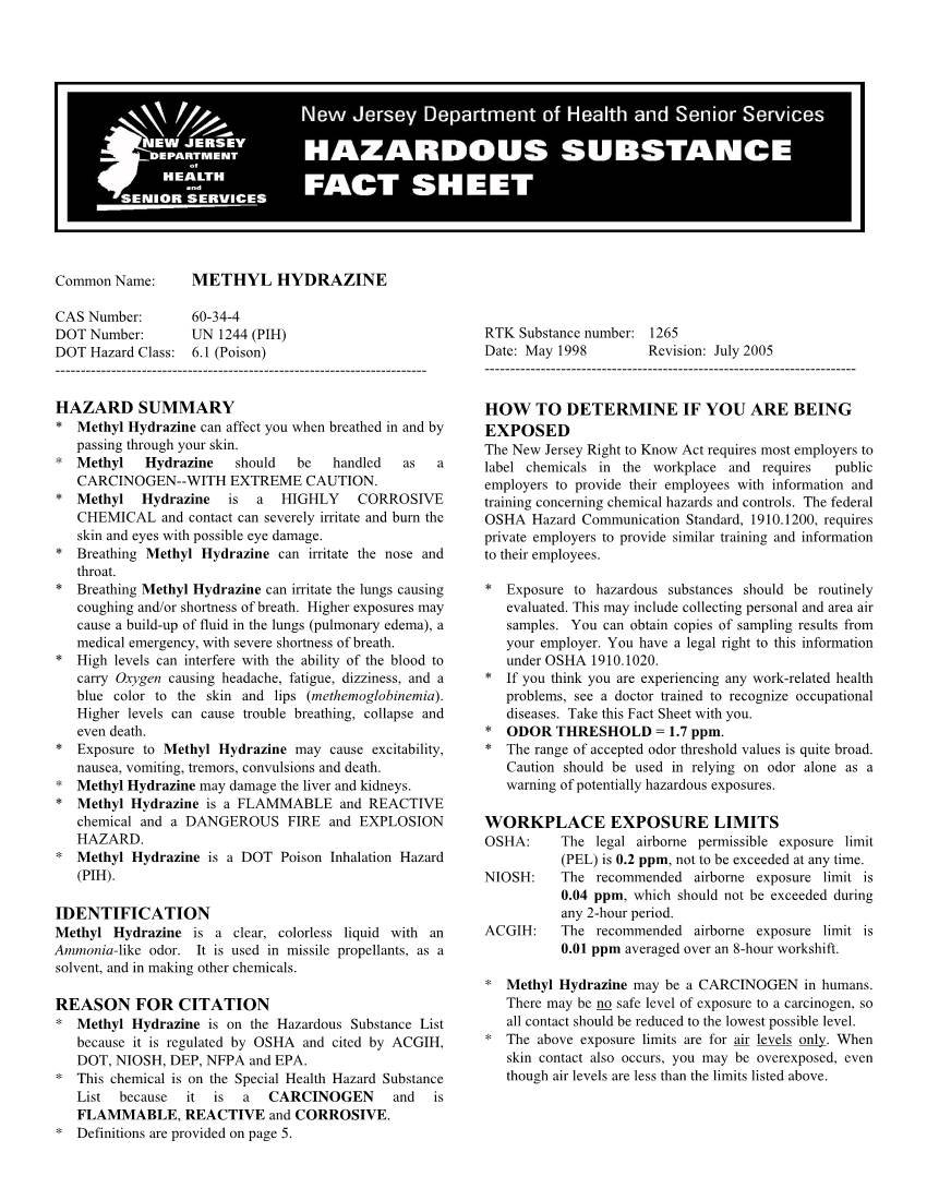 Methyl Hydrazine Hazard Summary Identification