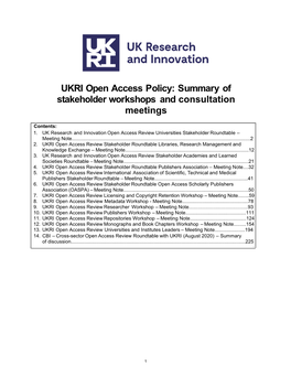 UKRI Open Access Policy: Summary of Stakeholder Workshops and Consultation Meetings