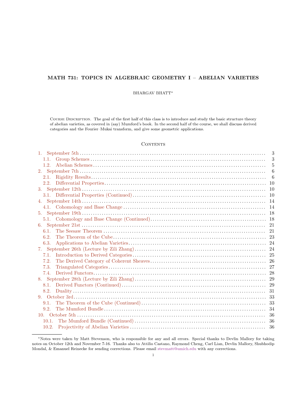 Math 731: Topics in Algebraic Geometry I – Abelian Varieties