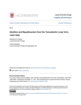 Abolition and Republicanism Over the Transatlantic Long Term, 1640-1800