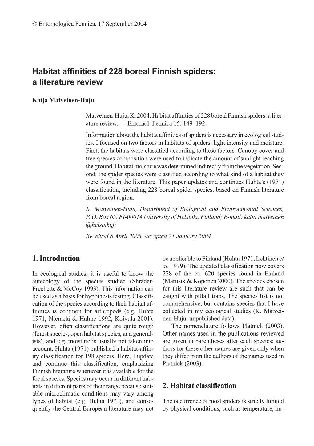 Habitat Affinities of 228 Boreal Finnish Spiders: a Literature Review