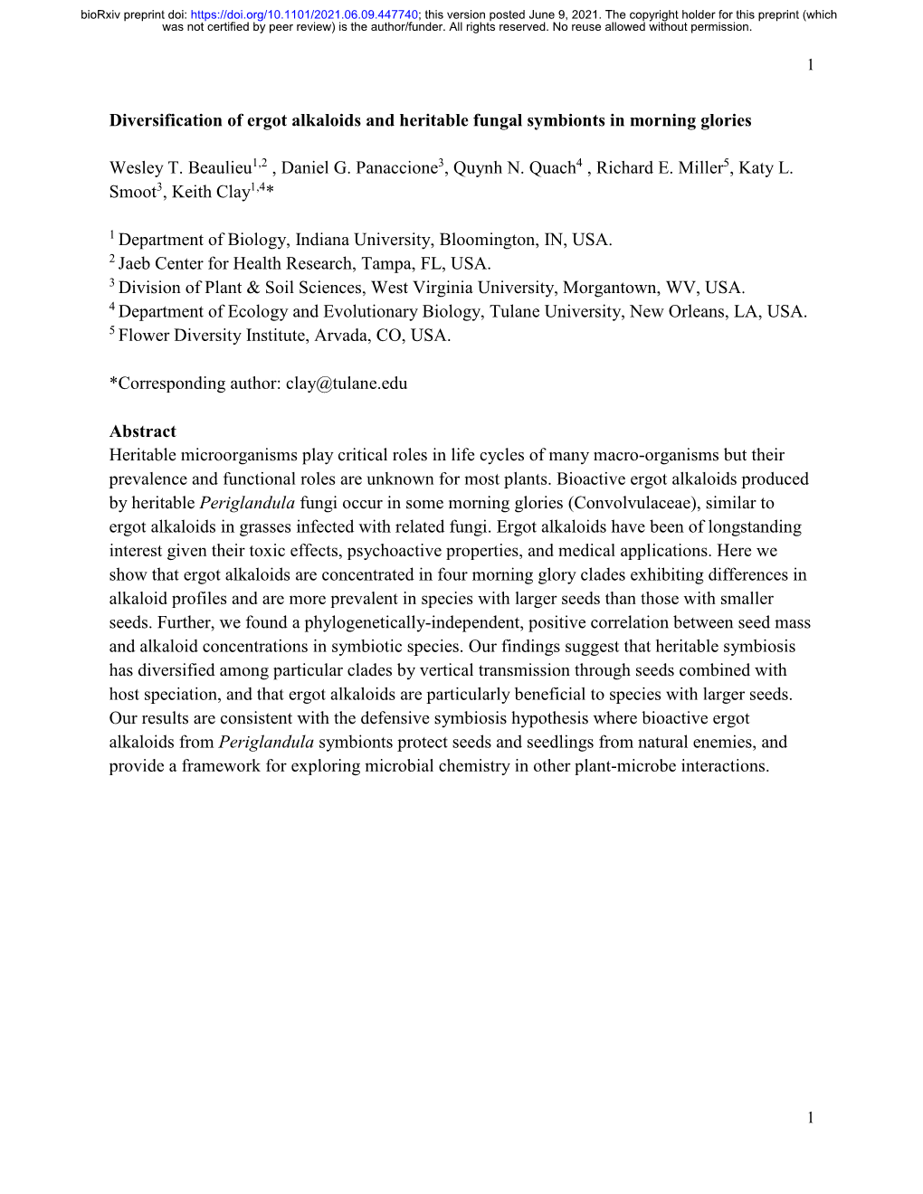 Diversification of Ergot Alkaloids and Heritable Fungal Symbionts in Morning Glories