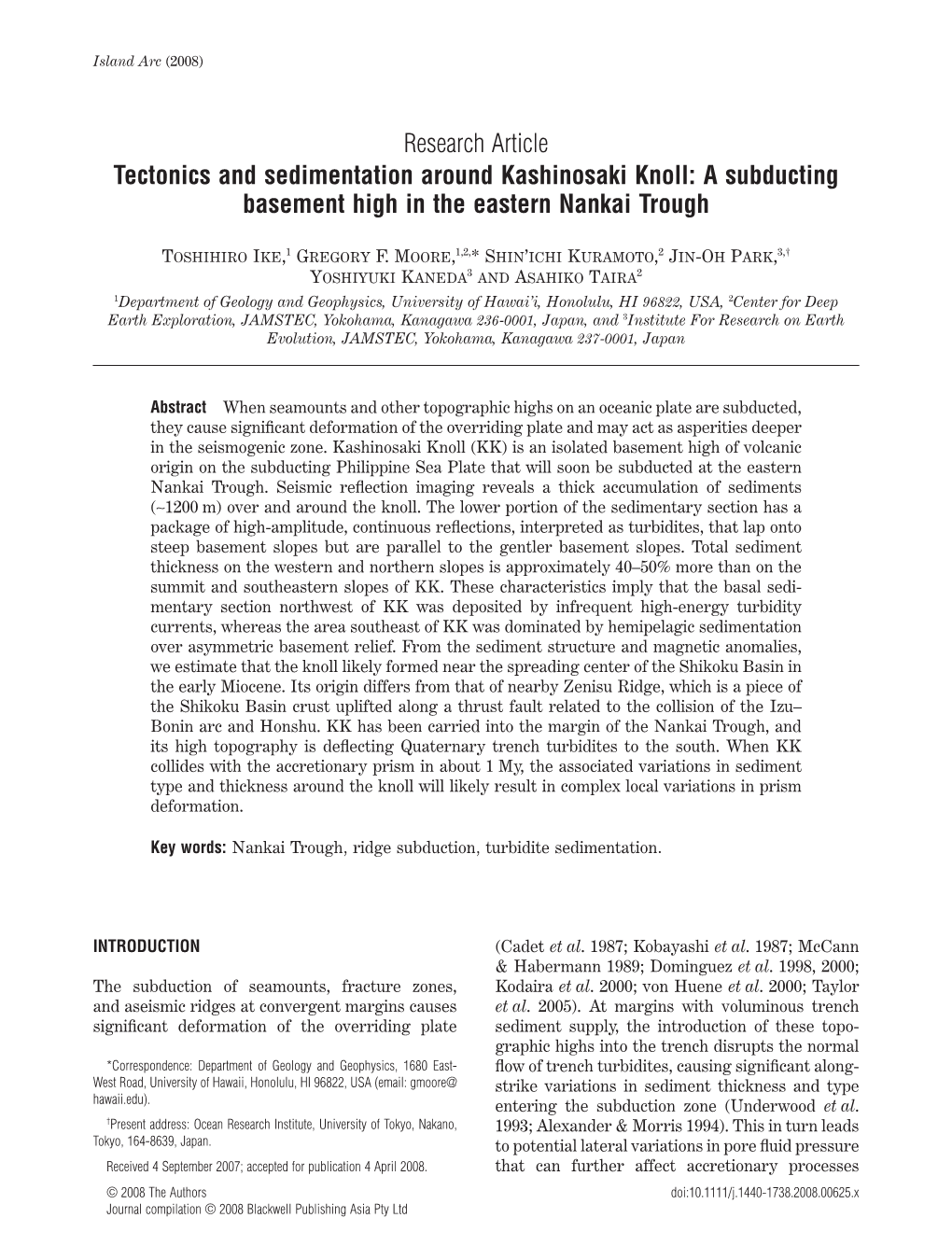 Research Article Tectonics and Sedimentation Around Kashinosaki Knoll: a Subducting Basement High in the Eastern Nankai Trough