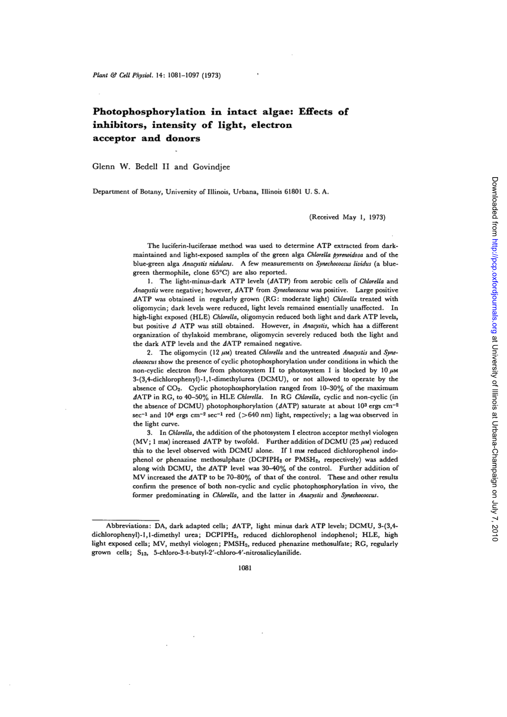 Photophosphorylation in Intact Algae: Effects of Inhibitors, Intensity of Light, Electron Acceptor and Donors