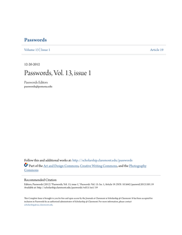 Passwords, Vol. 13, Issue 1 Passwords Editors Passwords@Pomona.Edu