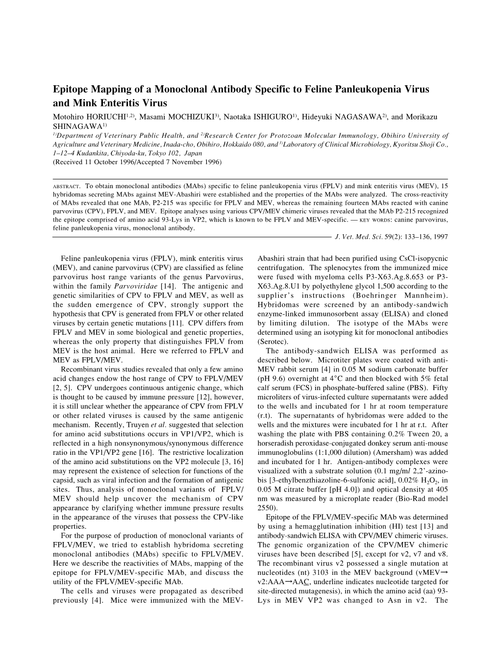 Epitope Mapping of a Monoclonal Antibody Specific to Feline