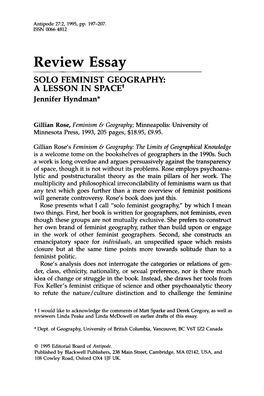 SOLO FEMINIST GEOGRAPHY: a LESSON in SPACE+ Jennifer Hyndman*