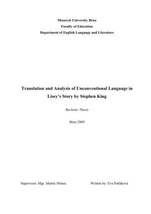 Translation and Analysis of Unconventional Language in Lisey’S Story by Stephen King