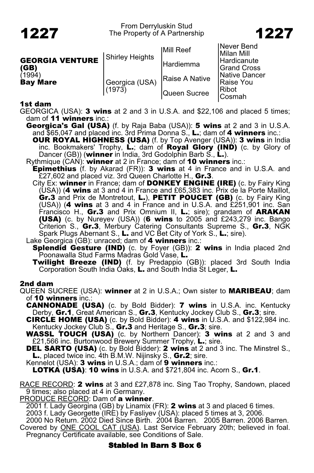 From Derryluskin Stud the Property of a Partnership Mill Reef Never Bend Milan Mill Shirley Heights Hardiemma Hardicanute Grand