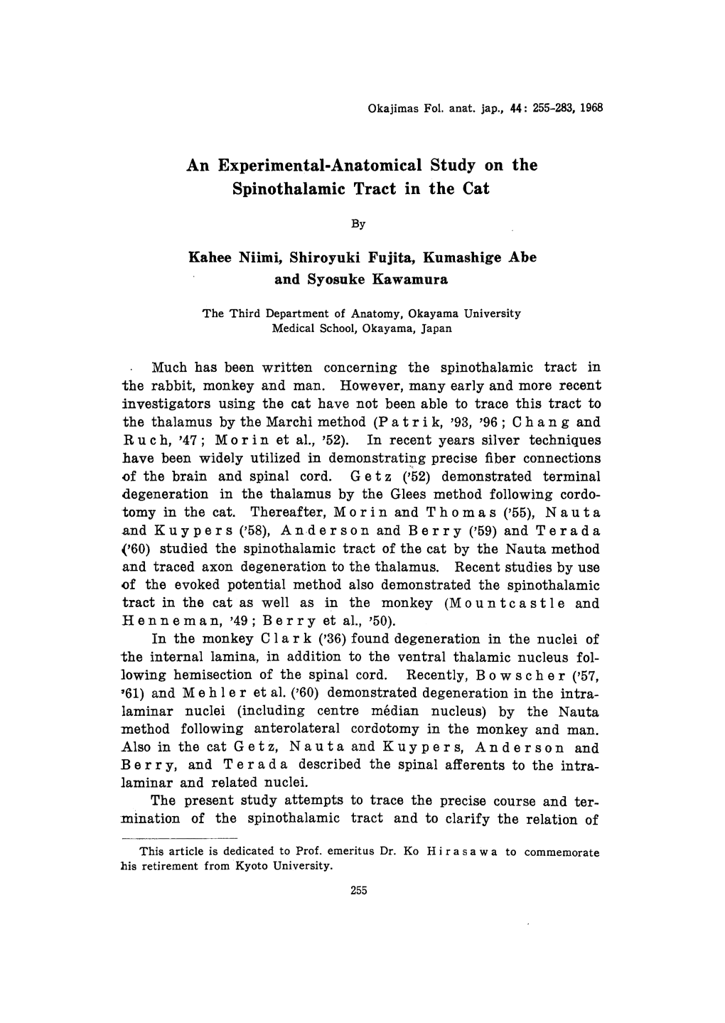 Spinothalamic Tract in the Cat Kahee Niimi, Shiroyuki Fujita, Kumashige