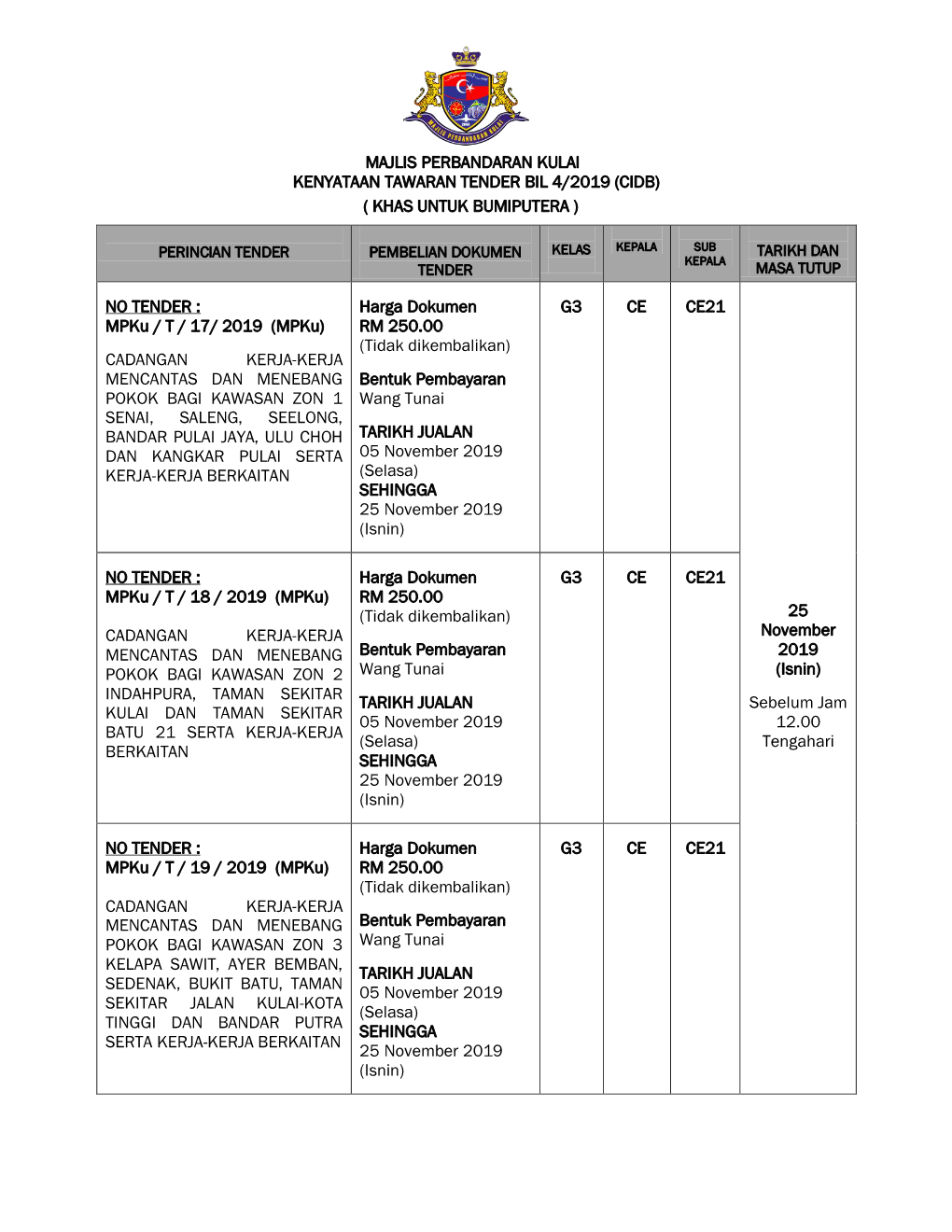 ( KHAS UNTUK BUMIPUTERA ) NO TENDER : Mpku / T / 17/ 2019