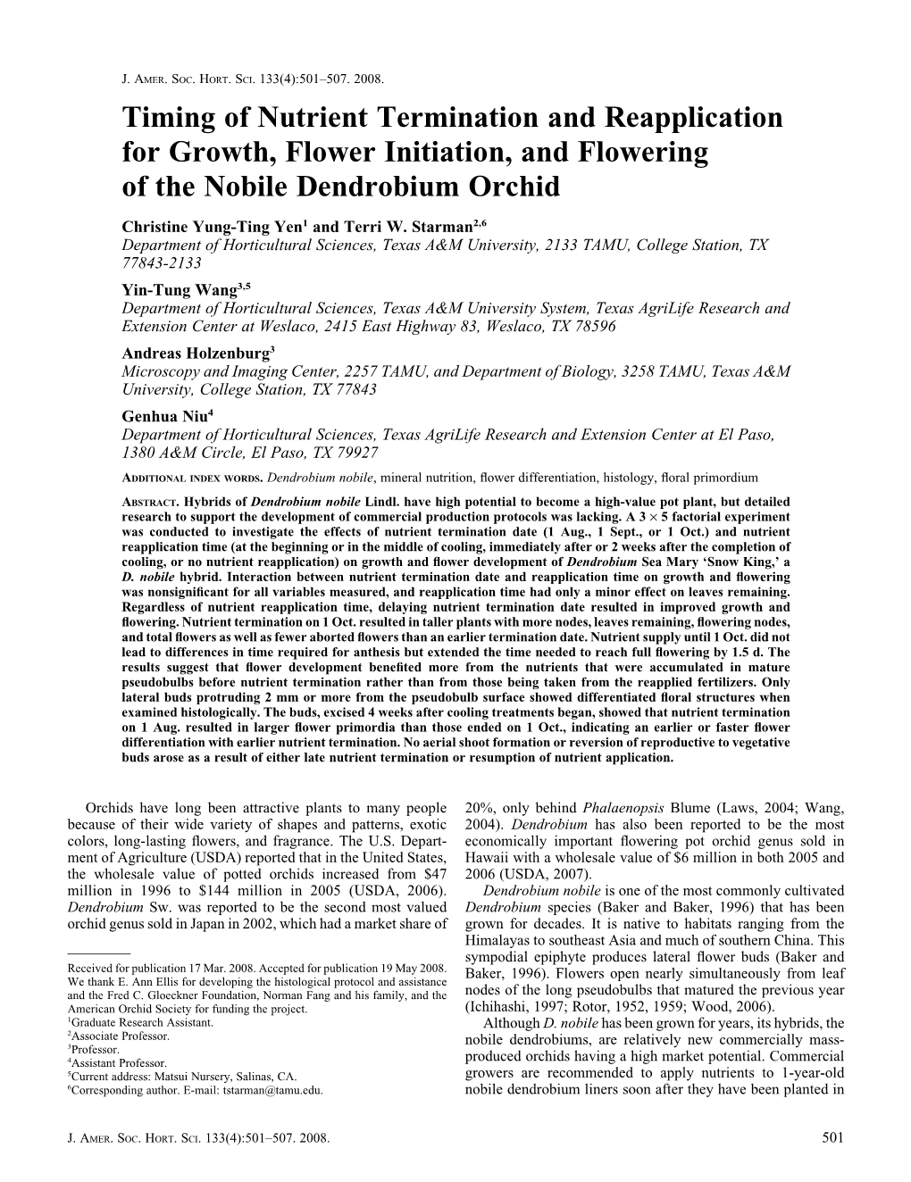 Timing of Nutrient Termination and Reapplication for Growth, Flower Initiation, and Flowering of the Nobile Dendrobium Orchid