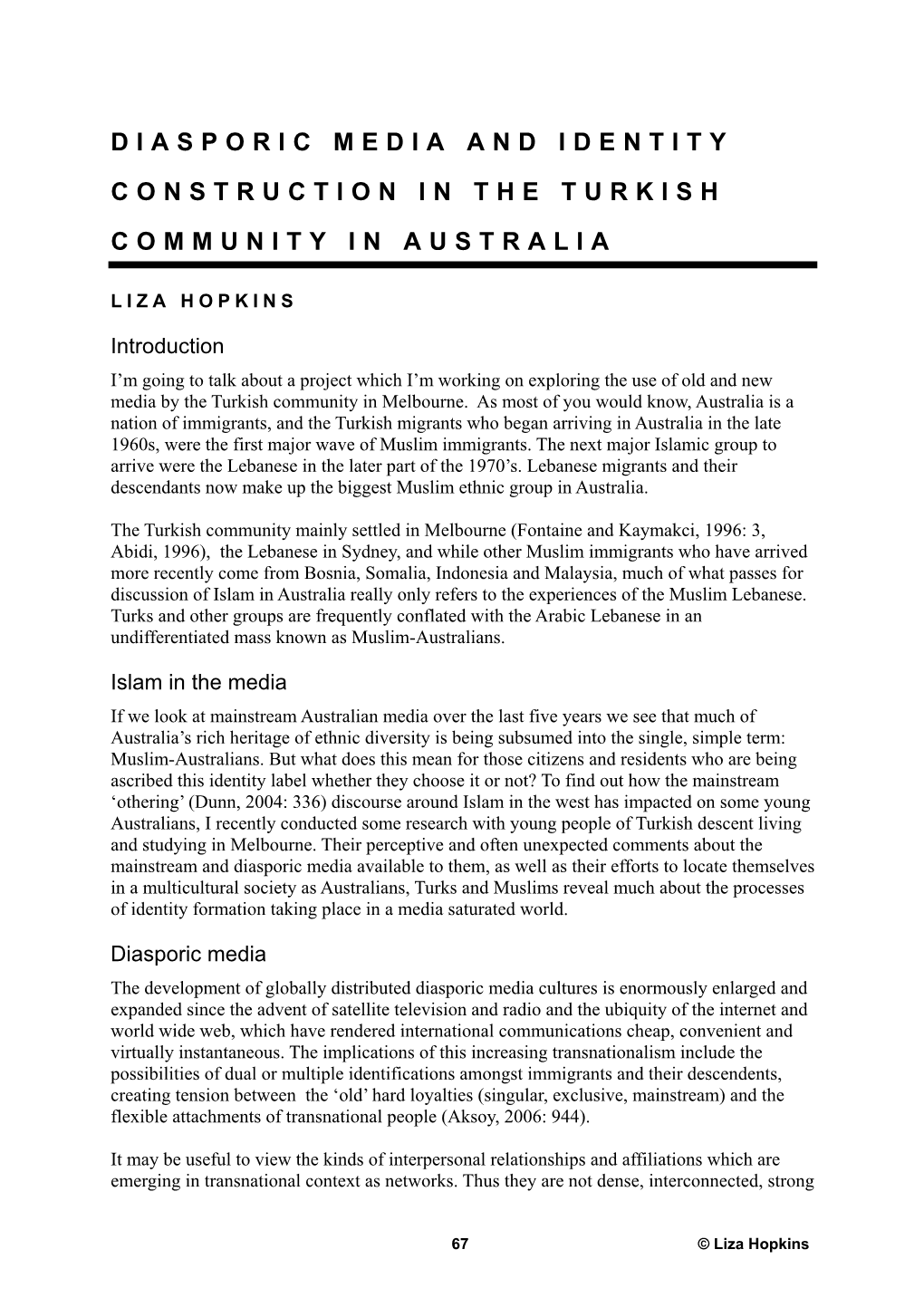 Diasporic Media and Identity Construction in the Turkish Community in Australia