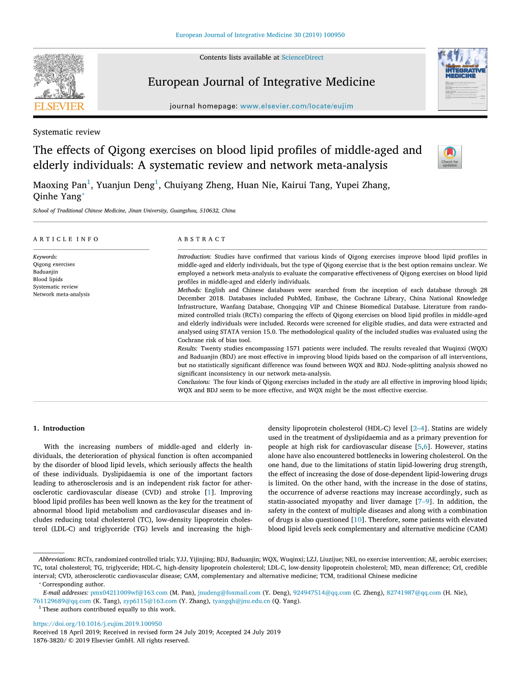 The Effects of Qigong Exercises on Blood Lipid Profiles of Middle-Aged