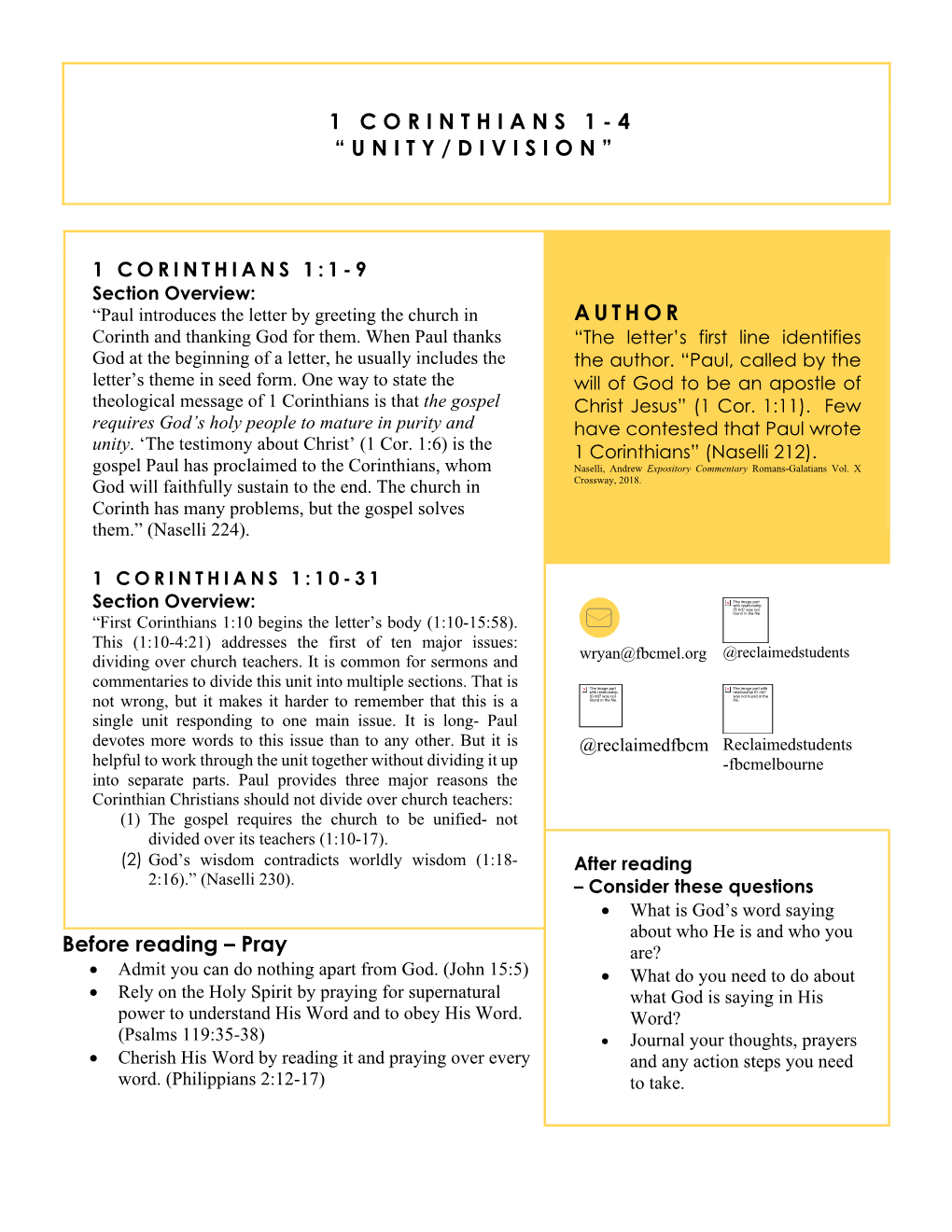 1 CORINTHIANS 1-4 “UNITY/DIVISION” Before Reading