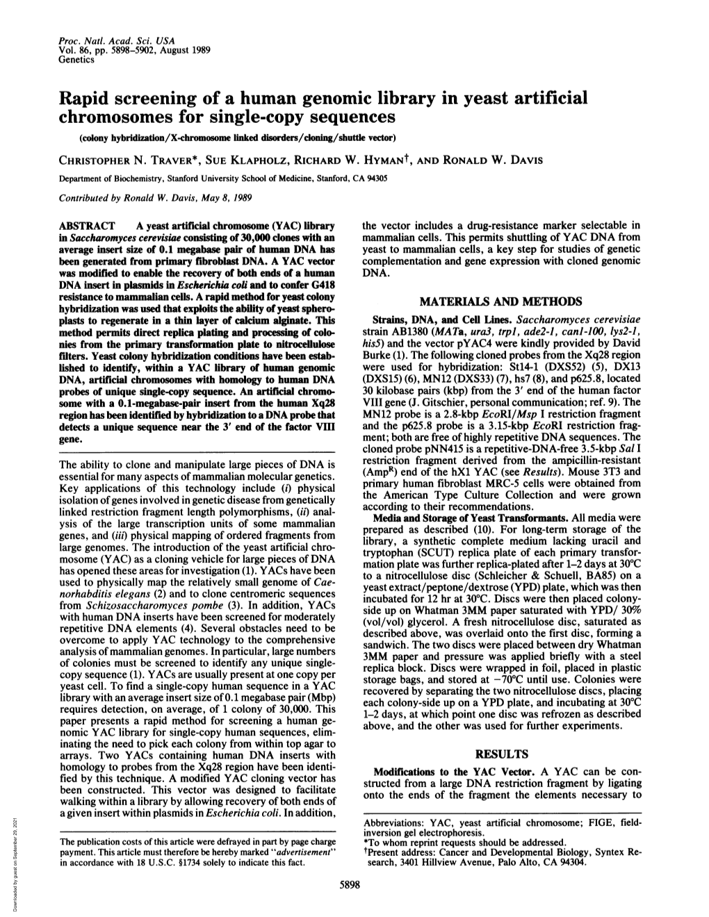 Rapid Screening of a Human Genomic Library in Yeast Artificial