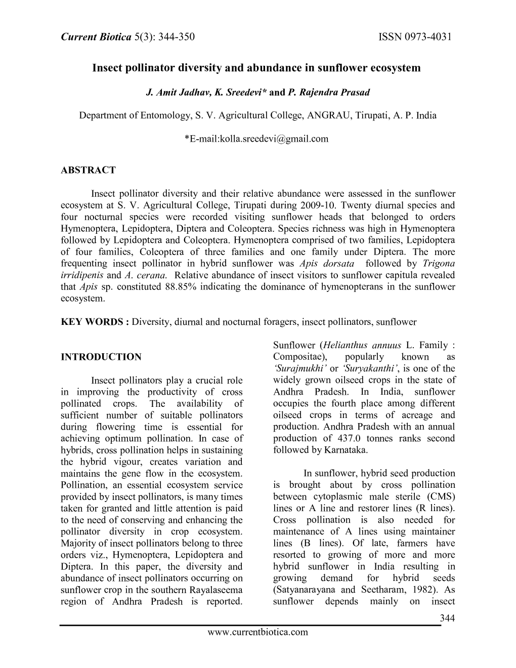 Insect Pollinator Diversity and Abundance in Sunflower Ecosystem