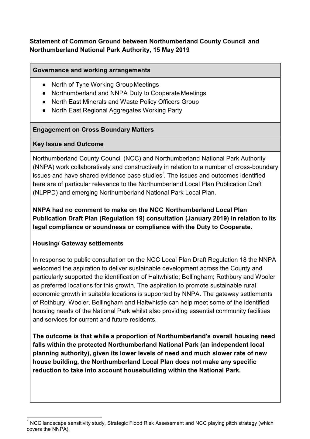 Statement of Common Ground Between Northumberland County Council and Northumberland National Park Authority, 15 May 2019