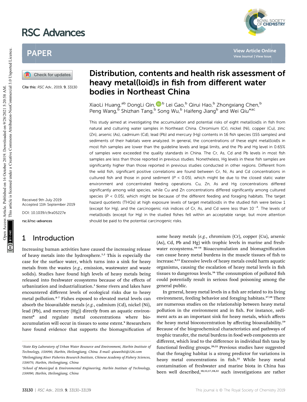 Distribution, Contents and Health Risk Assessment of Heavy Metal(Loid)S in ﬁsh from Diﬀerent Water Cite This: RSC Adv.,2019,9, 33130 Bodies in Northeast China