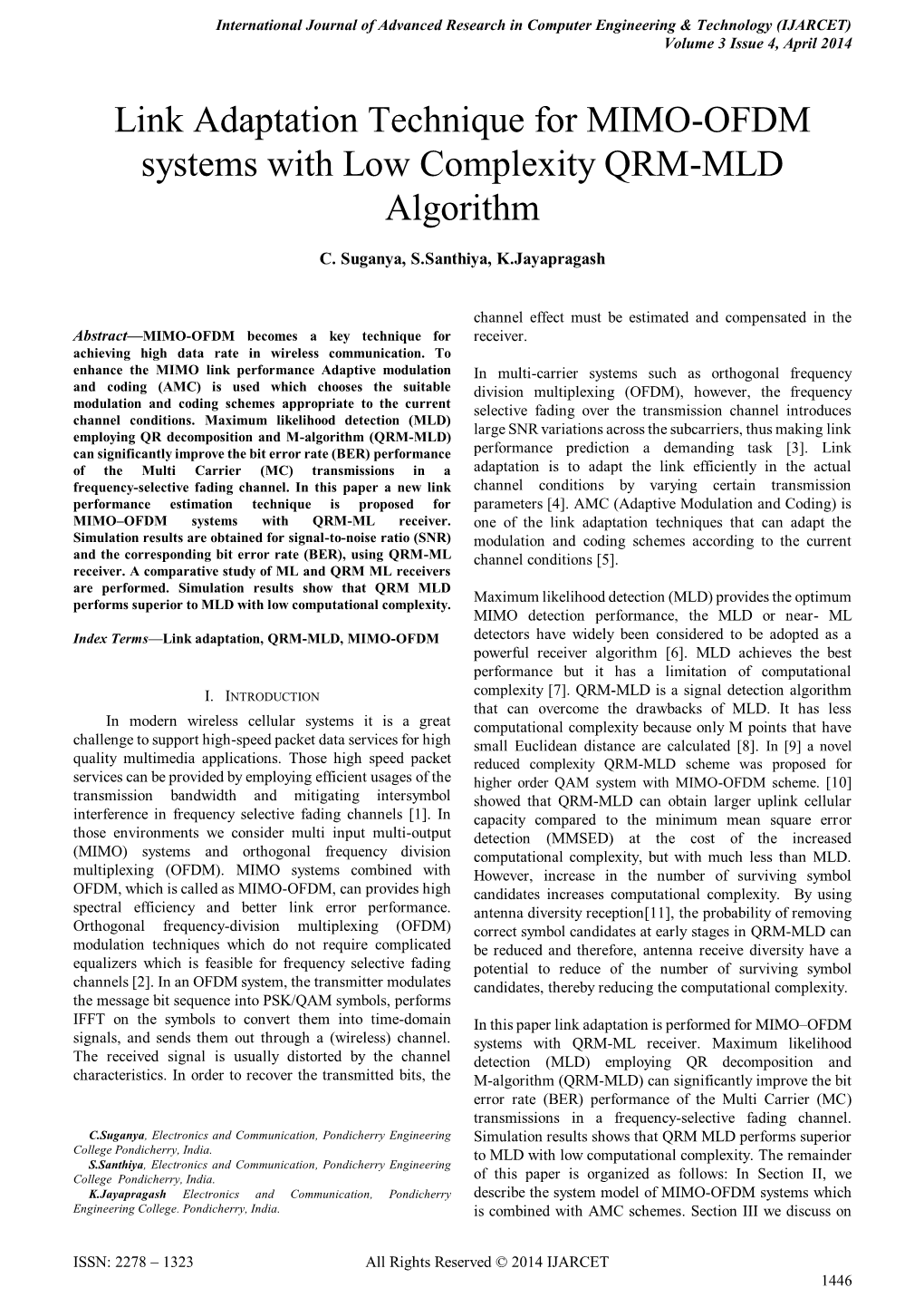 Link Adaptation Technique for MIMO-OFDM Systems with Low Complexity QRM-MLD Algorithm