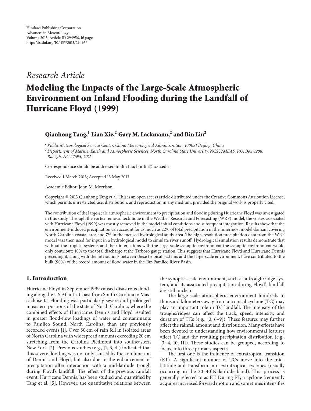 Modeling the Impacts of the Large-Scale Atmospheric Environment on Inland Flooding During the Landfall of Hurricane Floyd (1999)