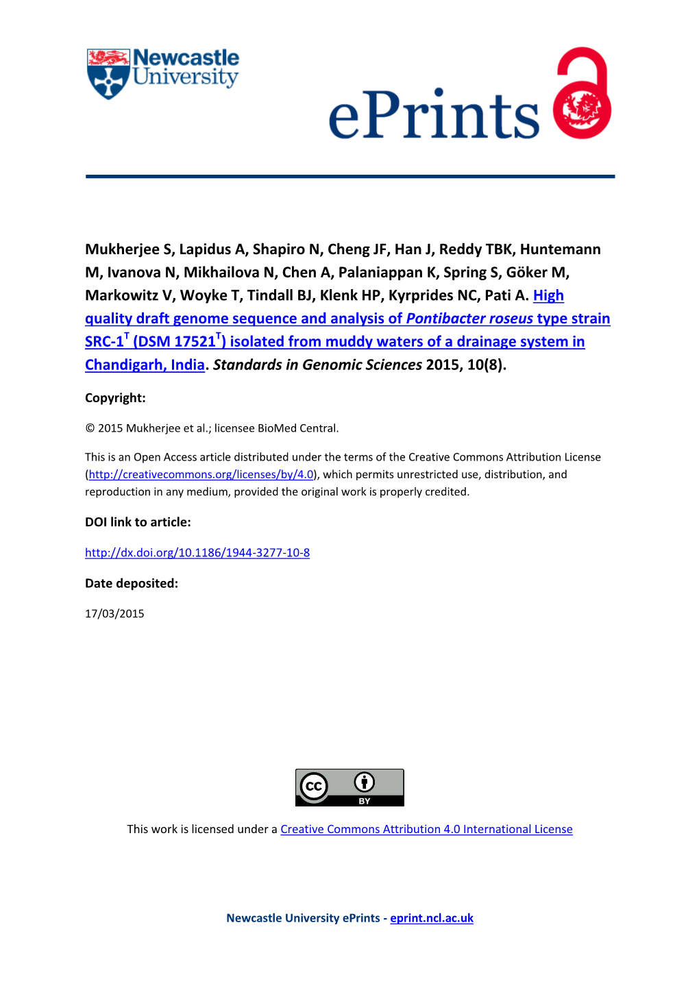 High Quality Draft Genome Sequence and Analysis of Pontibacter Roseus