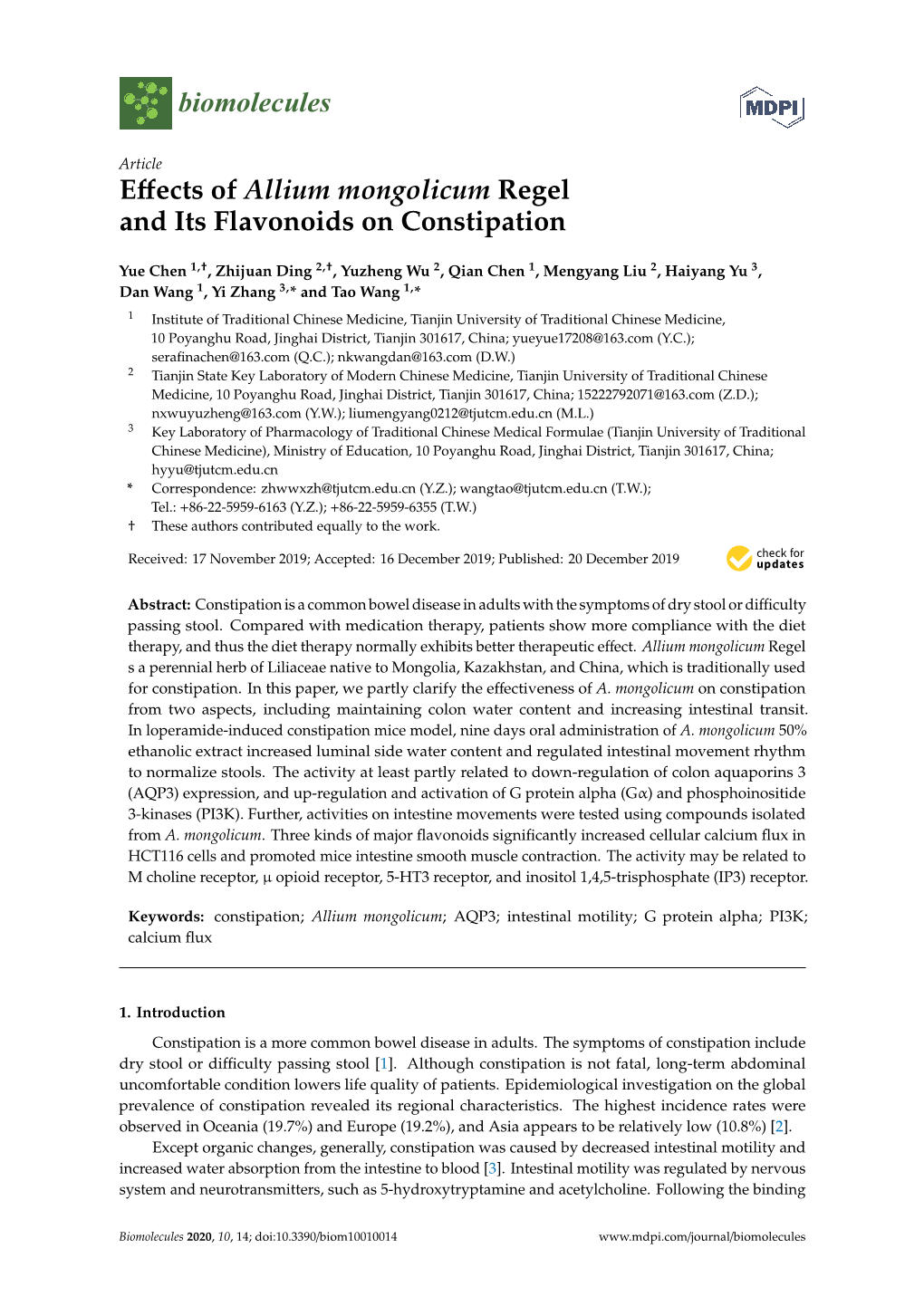 Effects of Allium Mongolicum Regel and Its Flavonoids on Constipation