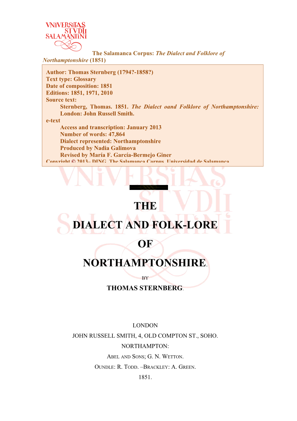 The Salamanca Corpus: the Dialect and Folklore of Northamptonshire (1851)