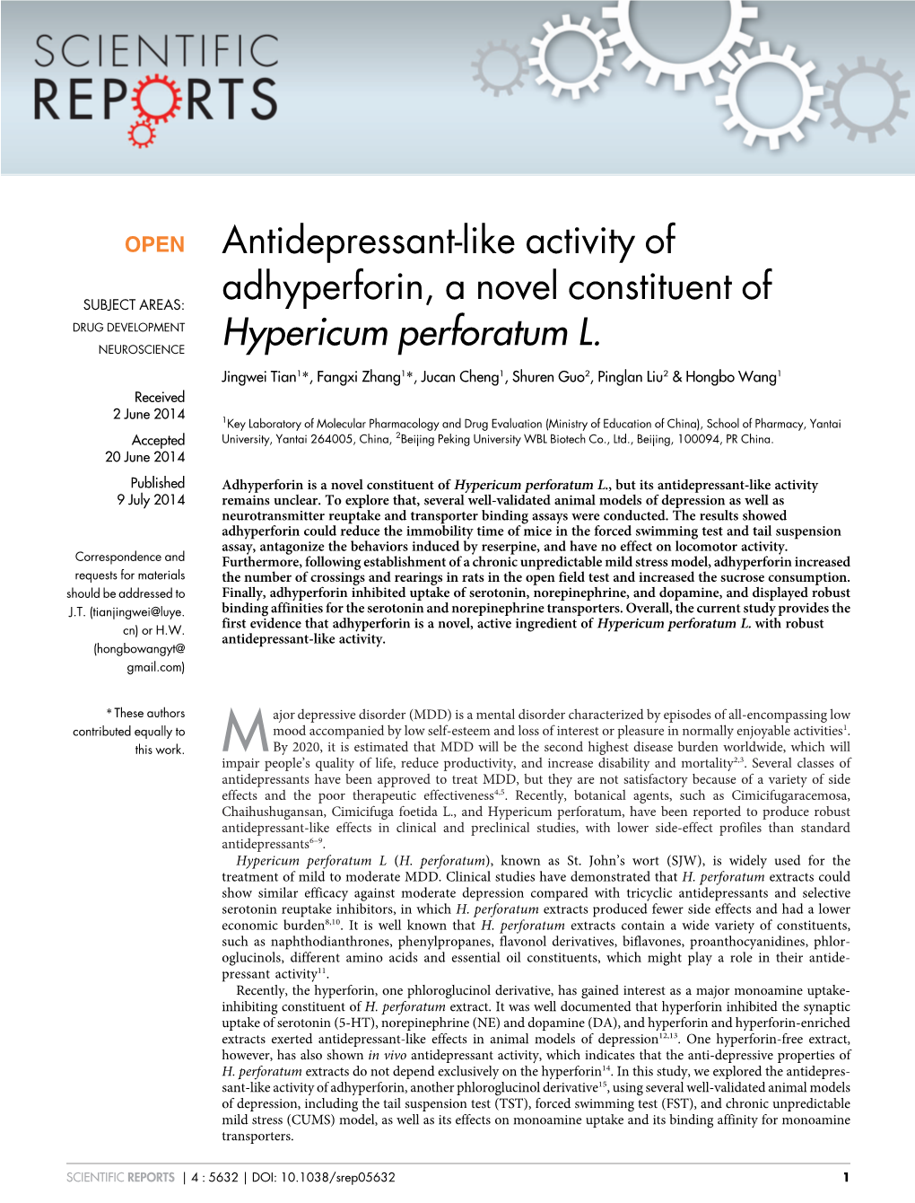 Antidepressant-Like Activity of Adhyperforin, a Novel Constituent Of