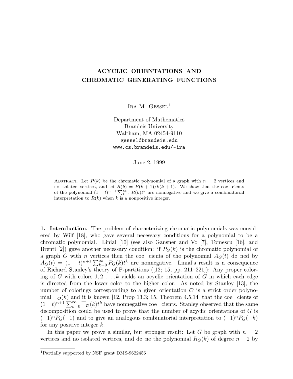 ACYCLIC ORIENTATIONS and CHROMATIC GENERATING FUNCTIONS Ira M. Gessel1 Department of Mathematics Brandeis University Waltham, MA