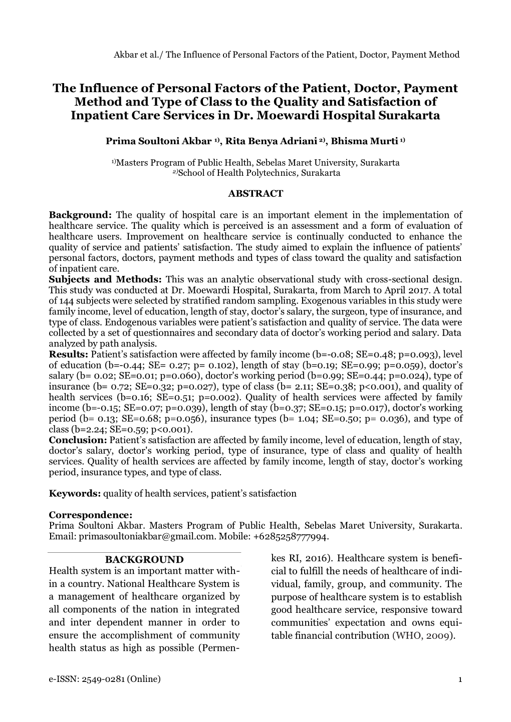 The Influence of Personal Factors of the Patient, Doctor, Payment Method