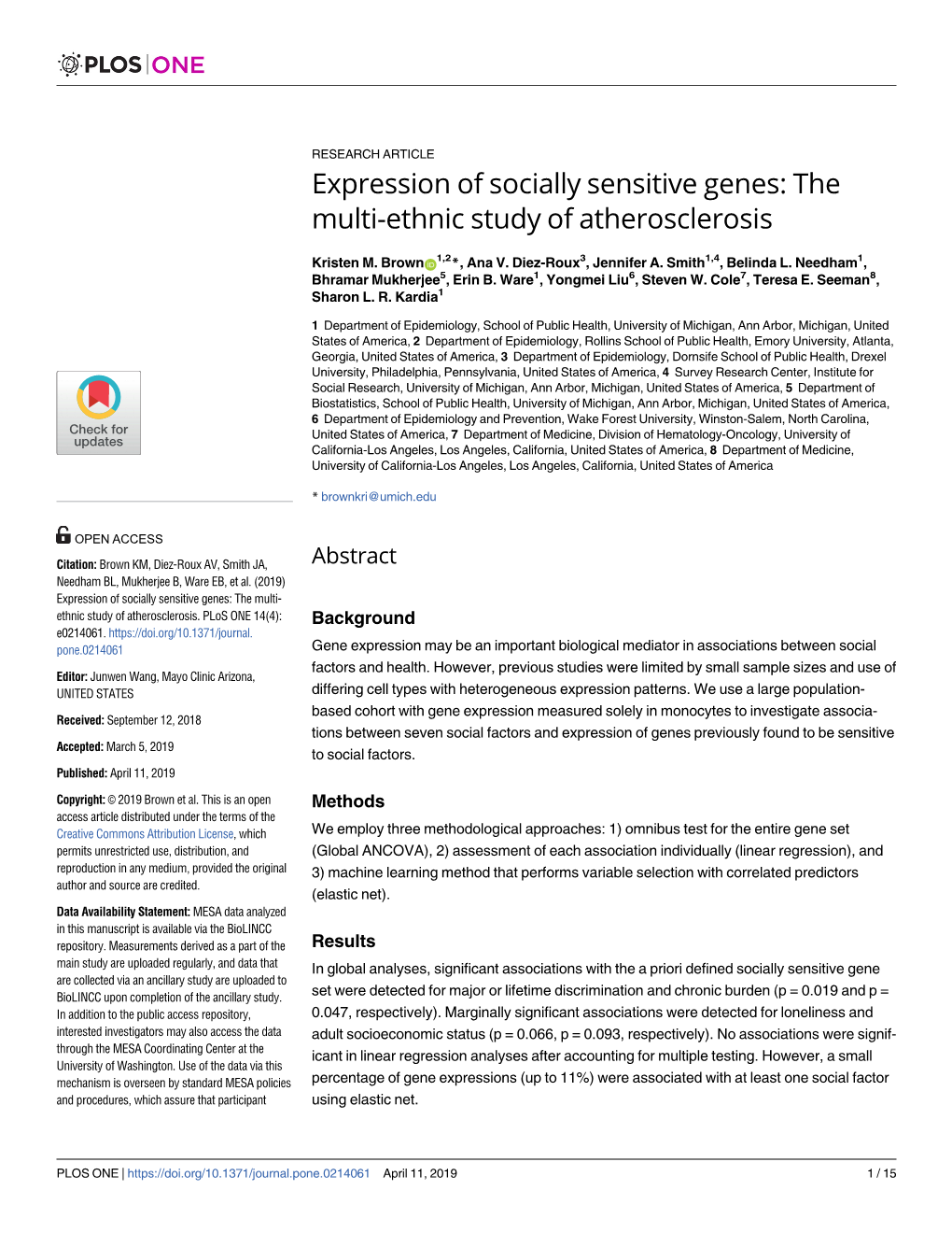 Expression of Socially Sensitive Genes: the Multi-Ethnic Study of Atherosclerosis