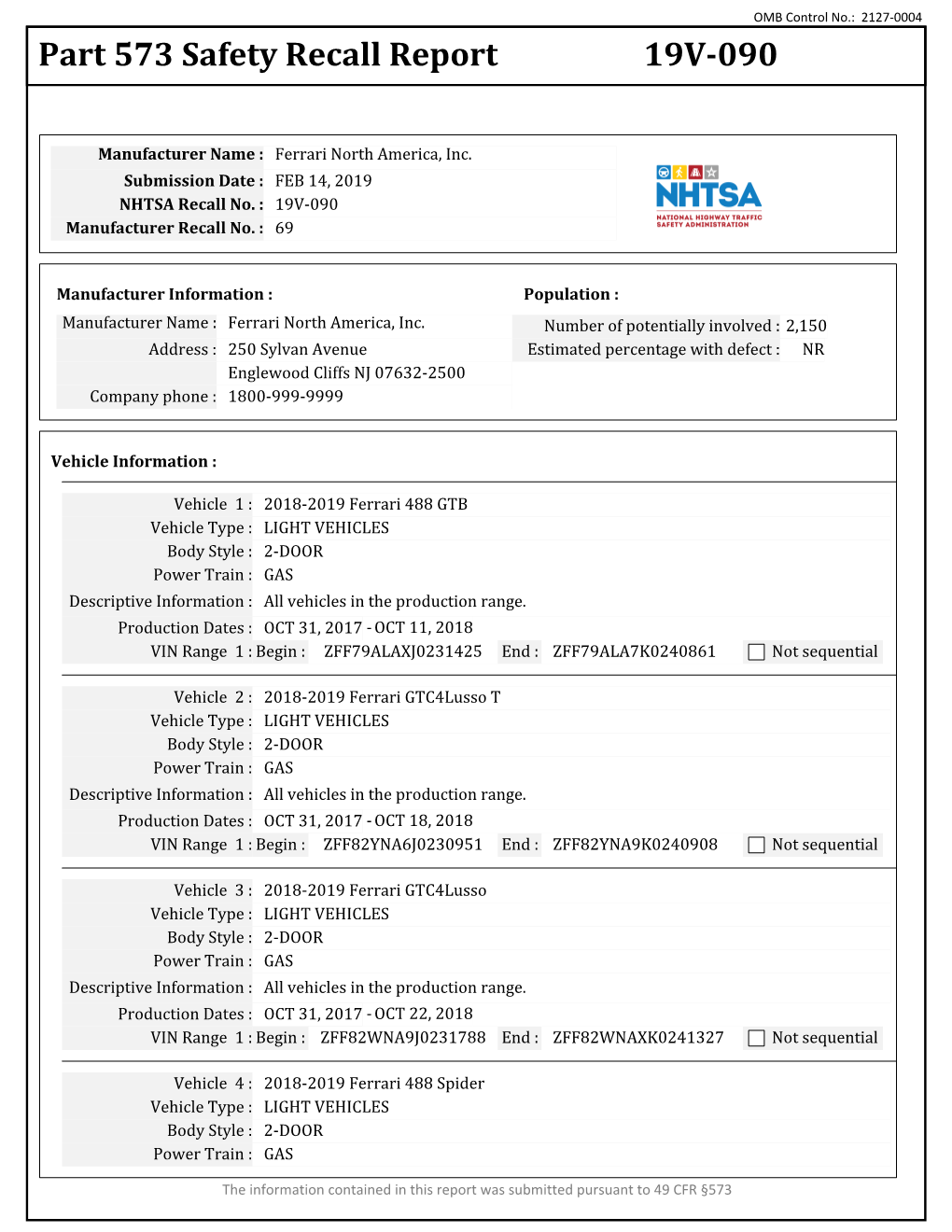 Part 573 Safety Recall Report 19V-090