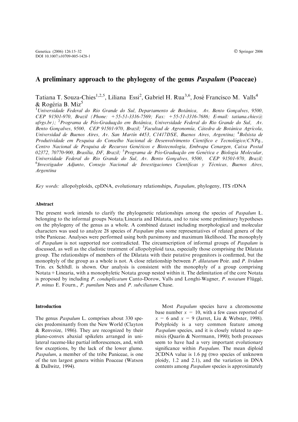 A Preliminary Approach to the Phylogeny of the Genus Paspalum (Poaceae)