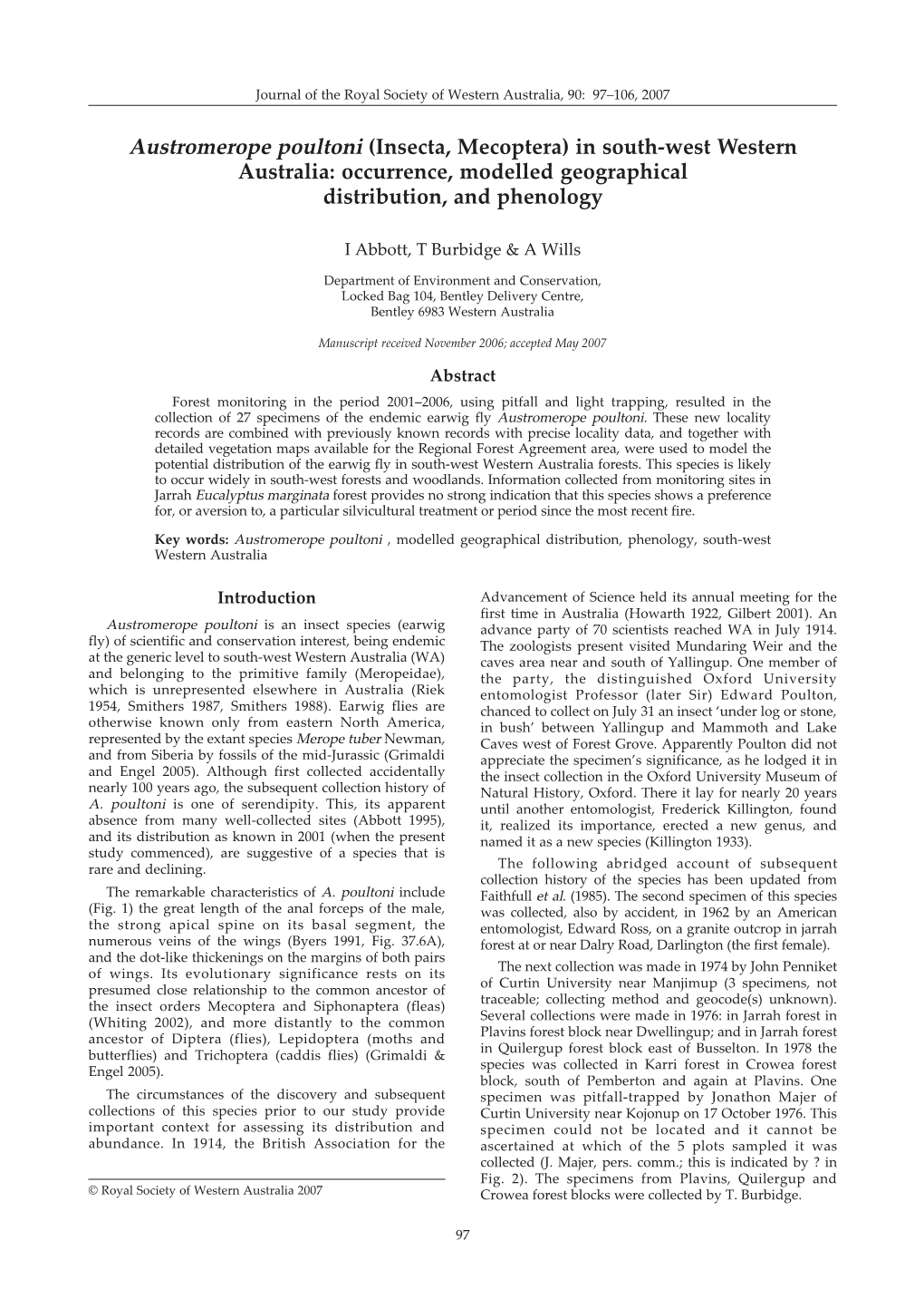 Austromerope Poultoni (Insecta, Mecoptera) in South-West Western Australia: Occurrence, Modelled Geographical Distribution, and Phenology