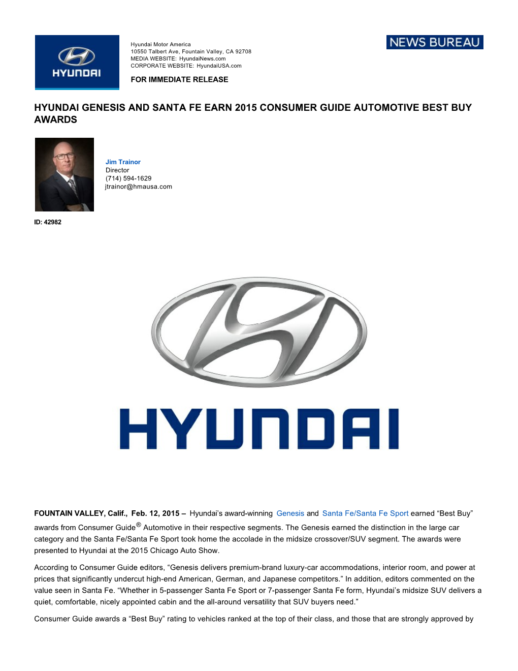 Hyundai Genesis and Santa Fe Earn 2015 Consumer Guide Automotive Best Buy Awards