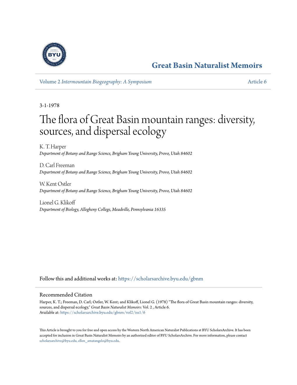 The Flora of Great Basin Mountain Ranges: Diversity, Sources, and Dispersal Ecology K